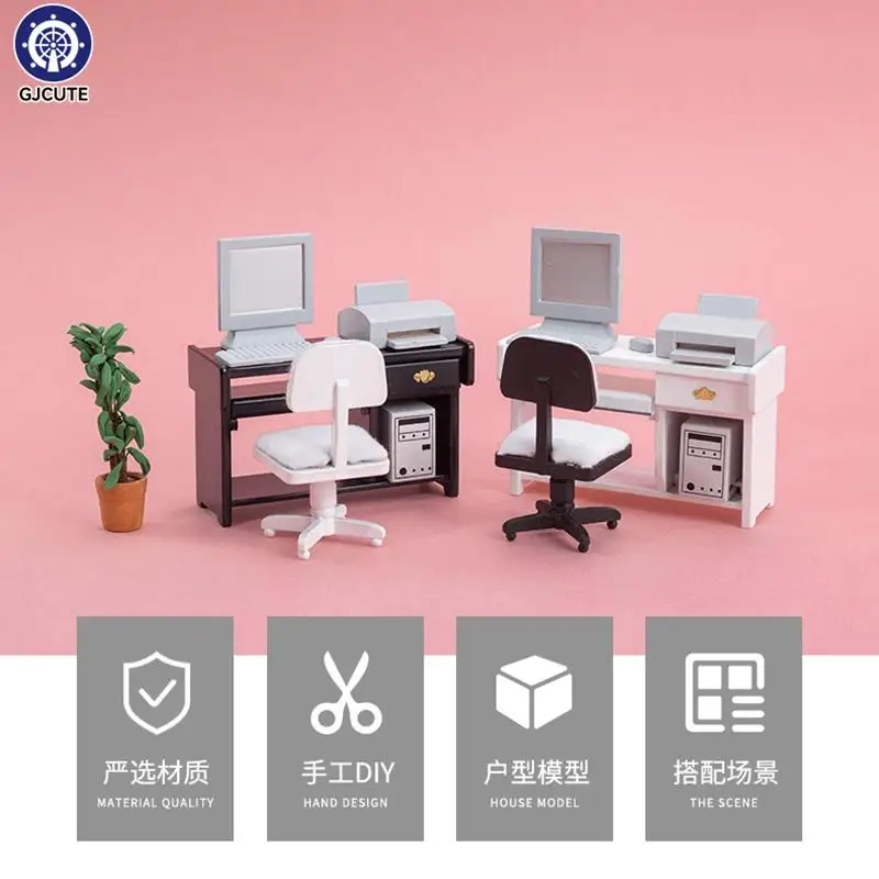 

Dollhouse Mini Furniture Set 1:12 Computer Host Printer Desk And Chair Set Wooden Furniture Model Bedroom Living Room Ornaments