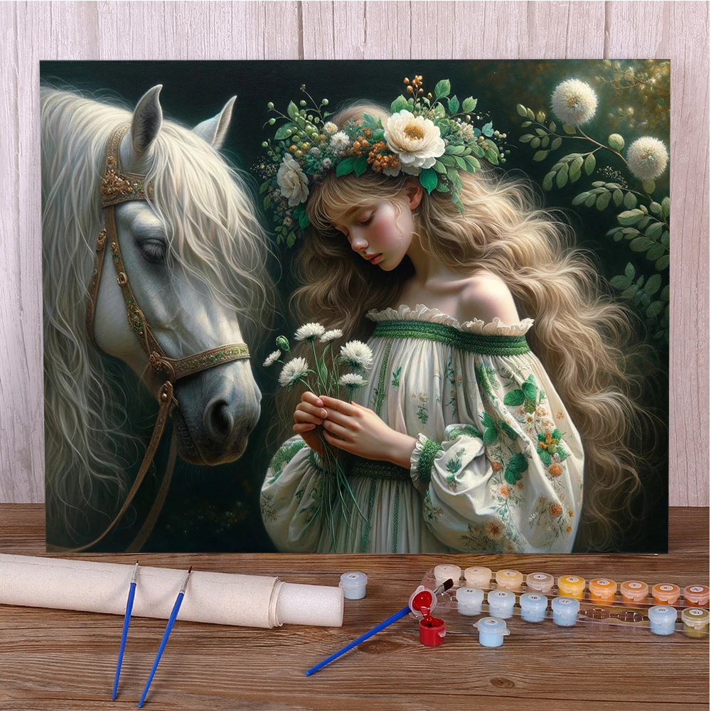 Цветочная девушка Лошадь Раскраска по номерам Набор для рисования Масляные