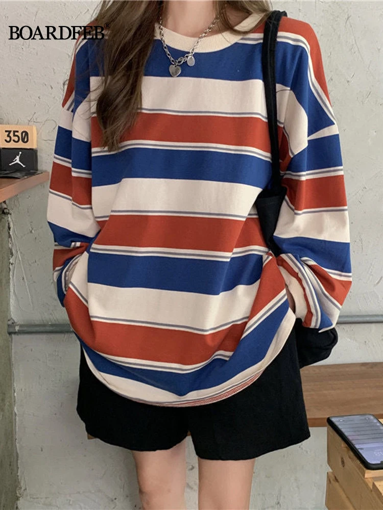 

Female Casual Striped Sweatshirts Women Girls Long Sleeve Oversized Pullover Tops Harajuku Loose T-Shirts Autumn Clothes