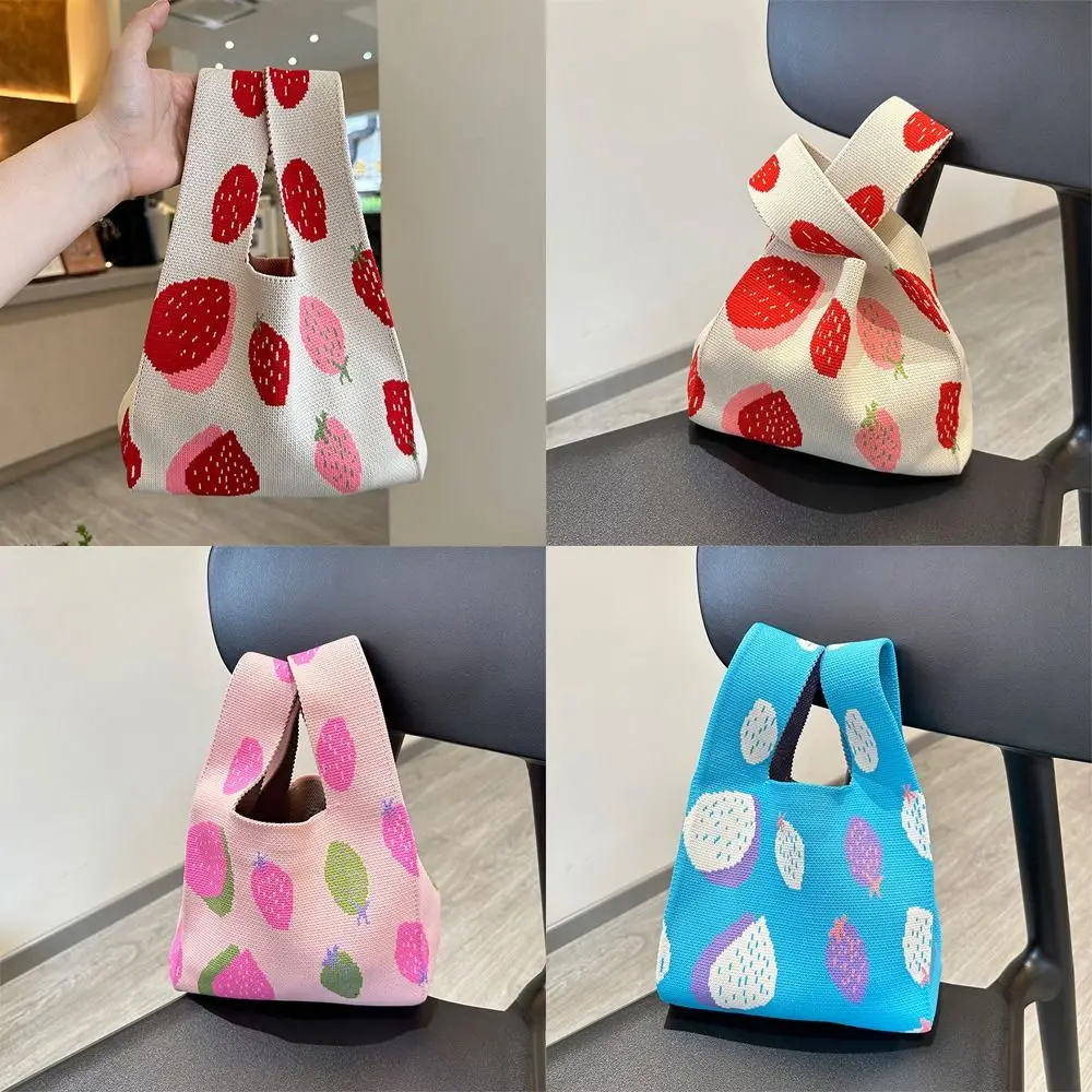 Сумка для мамы, конфетных цветов, сумка для хранения для девушек, миниатюрная вязаная сумка с узлом, маленькая сумка Ins, сумка на запястье с клубникой, женская сумка-тоут