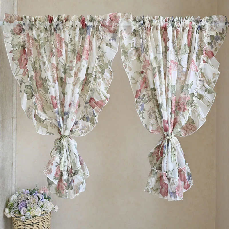 

1PC Pastoral Flower Tulle Curtain Bedroom Lotus Leaf Lace Printing Window Drapes for Living Room Tulle Finished Product Custom