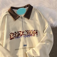 new college style polo collar letter flocking sweatshirts loose all match long sleeved y2k top america retro kpop pullover