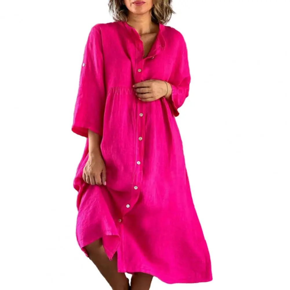 

Summer Loose Shirt Dress Women 2023 Stand Collar 3/4 Sleeve Buttons Placket Solid Color Loose Fit Midi Dress Streetwear