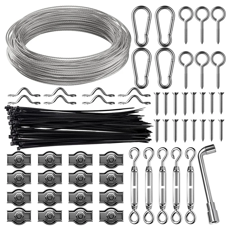 

60M String Lamp Suspension Kit, Outdoor Rail Line, 304 Stainless Steel Cable, With Tensioner, Rotating Buckle
