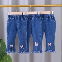 fashion cute beading long trousers kids clothes costume spring autumn blue irregular edge toddler baby girl boot cut jeans pants