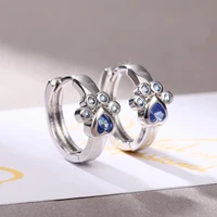 new cute silver plated cat paw footprint hoop earrings for women shine blue cz stone inlay fashion jewelry party gift earring