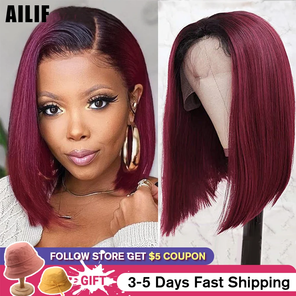 

Парики цвета бордового Боба, предварительно выщипанные человеческие волосы 13x4, парик на сетке спереди, плотность 180%, цвет 1B/99j, средняя часть...