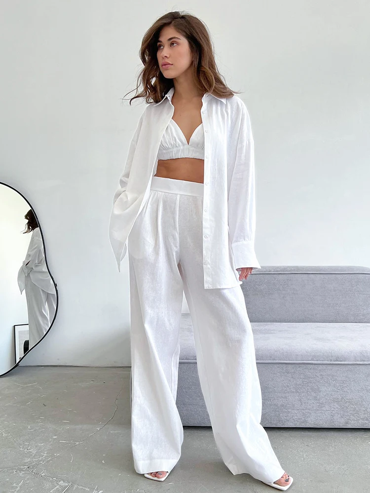Sumuyoo Linen 3 Pieces Women Set Oversized Shirt with Camisole and Pants High Waist Trousers Suit Loose Casual Female Sets