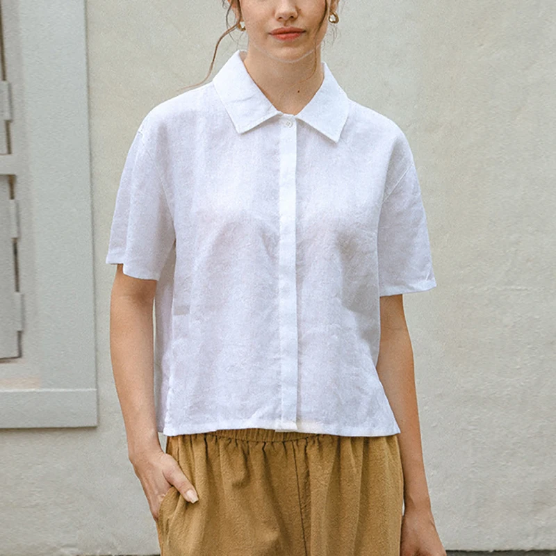 

Шон тсин®Женская льняная рубашка с коротким рукавом, однотонная блузка с отложным воротником, повседневные кардиганы в стиле сафари, шикарные топы, 100%