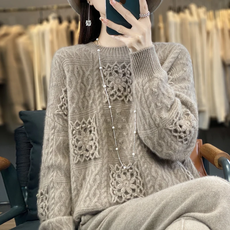 Осенне-зимний женский свитер с круглым вырезом и длинными рукавами