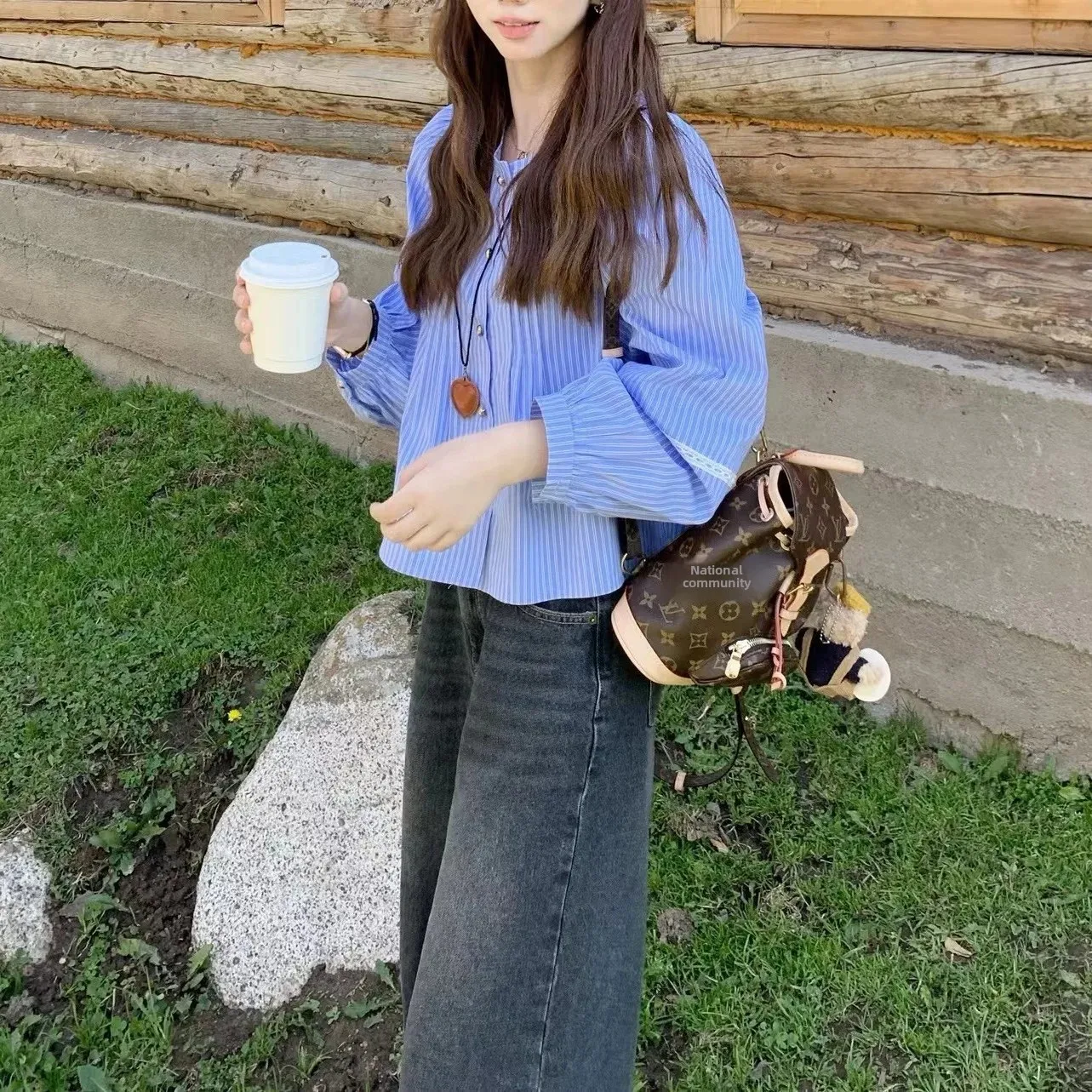 Blue Striped Bubble Sleeve Short Casual Top Women's Korean Style Shirt Wear Female