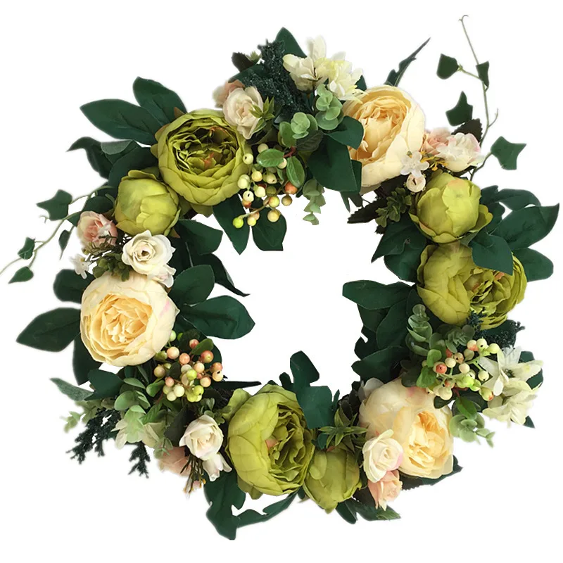 

40cm Silk Cloth Wreath Artificial Peony Flower Garland Front Door Knocker Decoration Wreath Hanging Pendant Simulation Flower