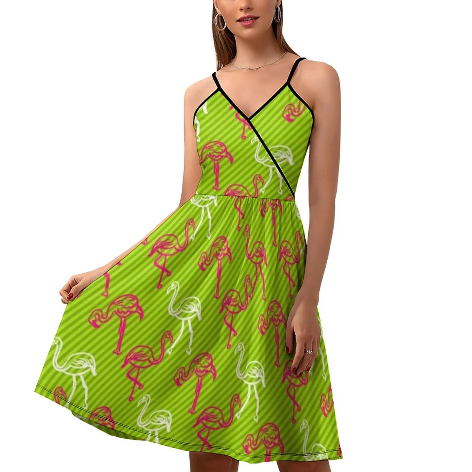 

Повседневное весеннее Платье с принтом в виде фламинго и птицы, уличное платье на бретелях-спагетти в зеленую и розовую полоску, женские платья в стиле ретро
