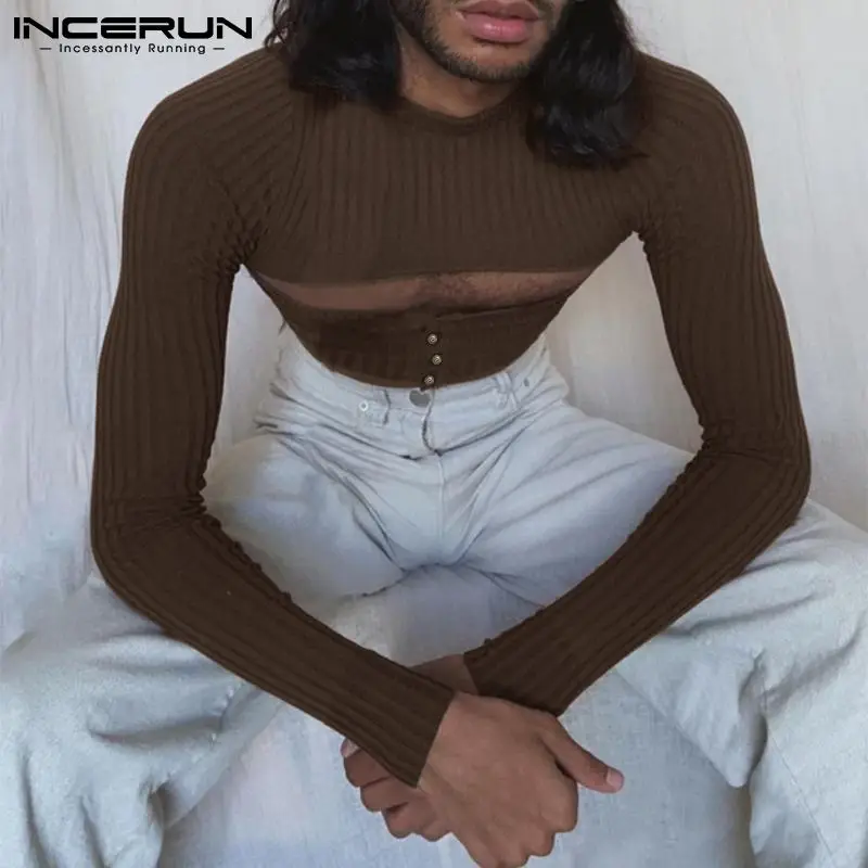 

2022 Fashion Men T Shirts O-neck Long Sleeve Hollow Out Streetwear Button Tee Tops Solid Color Sexy Men Clothing S-5XL INCERUN