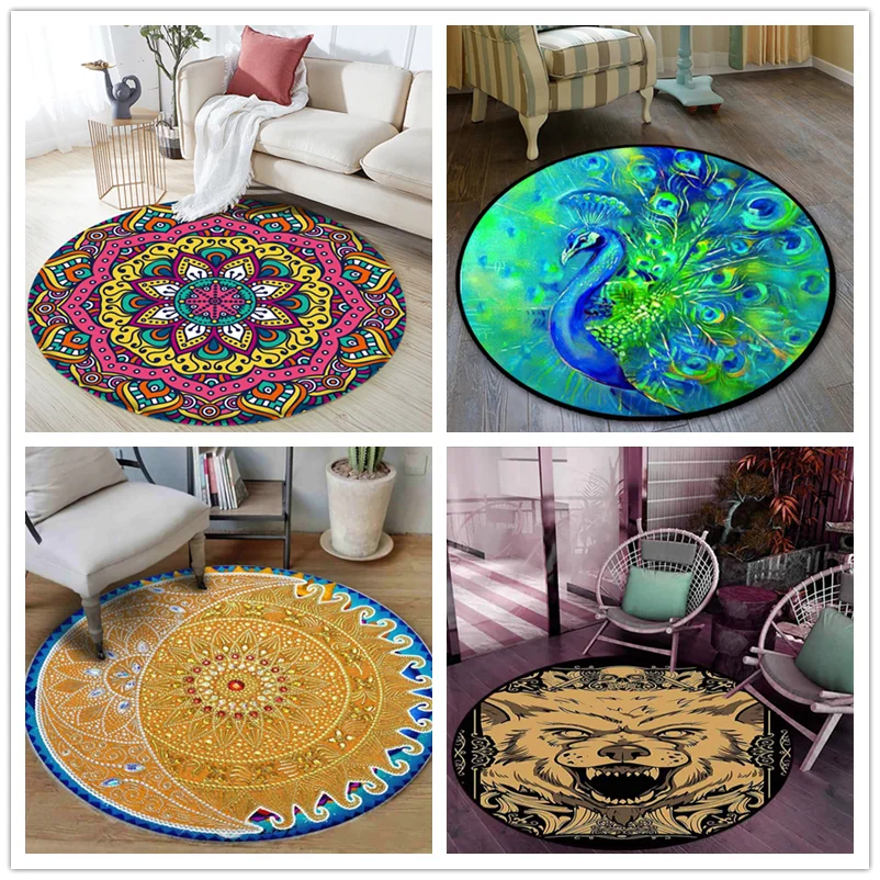 Short Plush Mandala Carpet Round Shape Carpets for Living Room Bedroom Yoga Mat Seat Cushion Anti-slip Water Absorbing