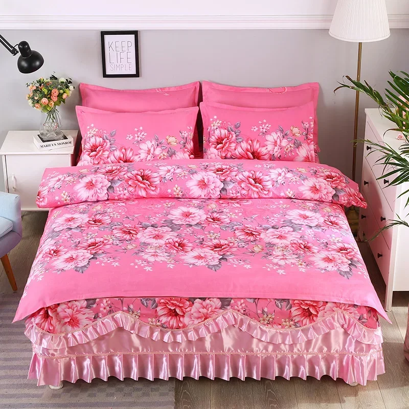 

Elegant Floral Bedding Sets Skirt Skin-friendly Lace Thickened Brushed Duvet Cover Girls For 1.5M 1.8M Bed Bedspreads Home Decor