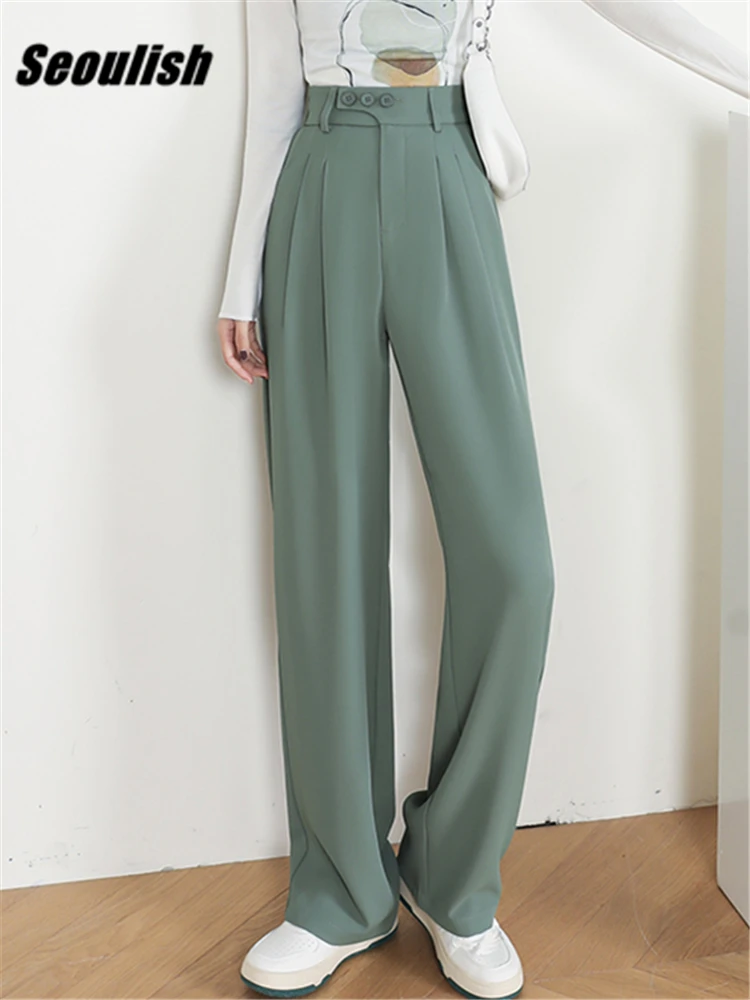 

Seoulish 2022 New Green Wide Leg Women's Pants Spring Autumn High Waist Button Female Elegant Minimalism Office Work Trousers