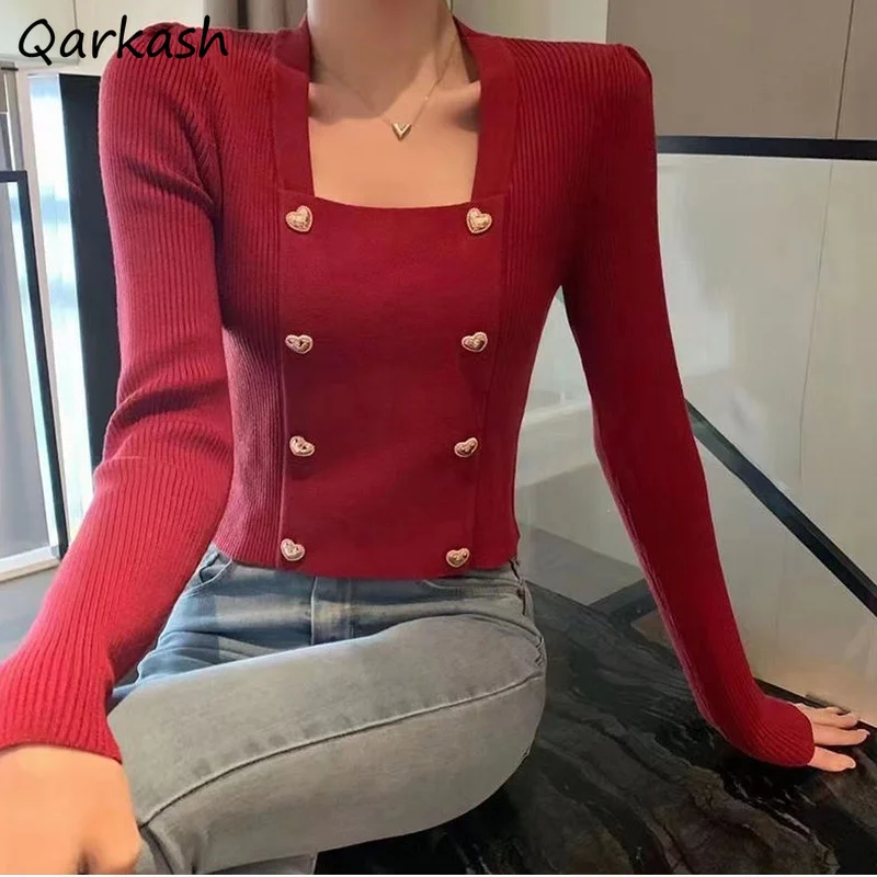 

Long Sleeve T-shirts Women Square Color French Style Cropped Knitted Cozy Spring Retro Elegant Tender Femme Tops All-match Slim