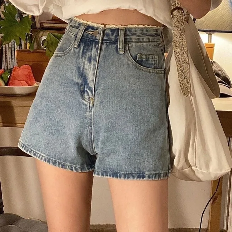 Summer Teens Denim Shorts Wide-leg Popular Shorts Women Vintage Lace Patchwork Design Lovely Ulzzang Basic Female Streetwear Hot