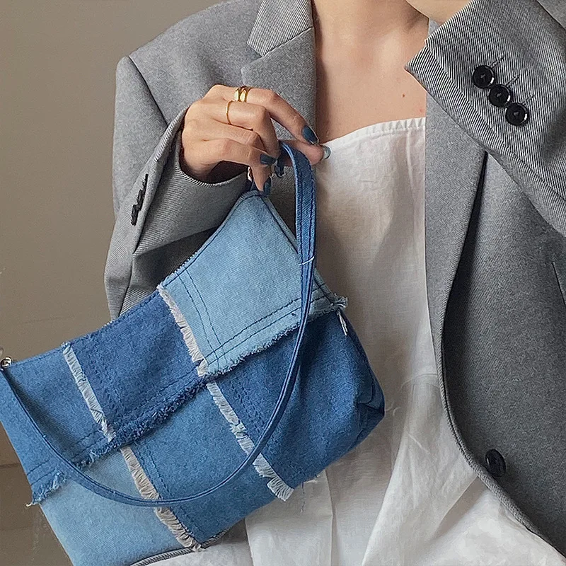 

Retro Women Denim Stitching Underarm Bag Fashion Contrast Small Shoulder Bags Female Vintage Armpit Bag Baguette Ladies Handbag