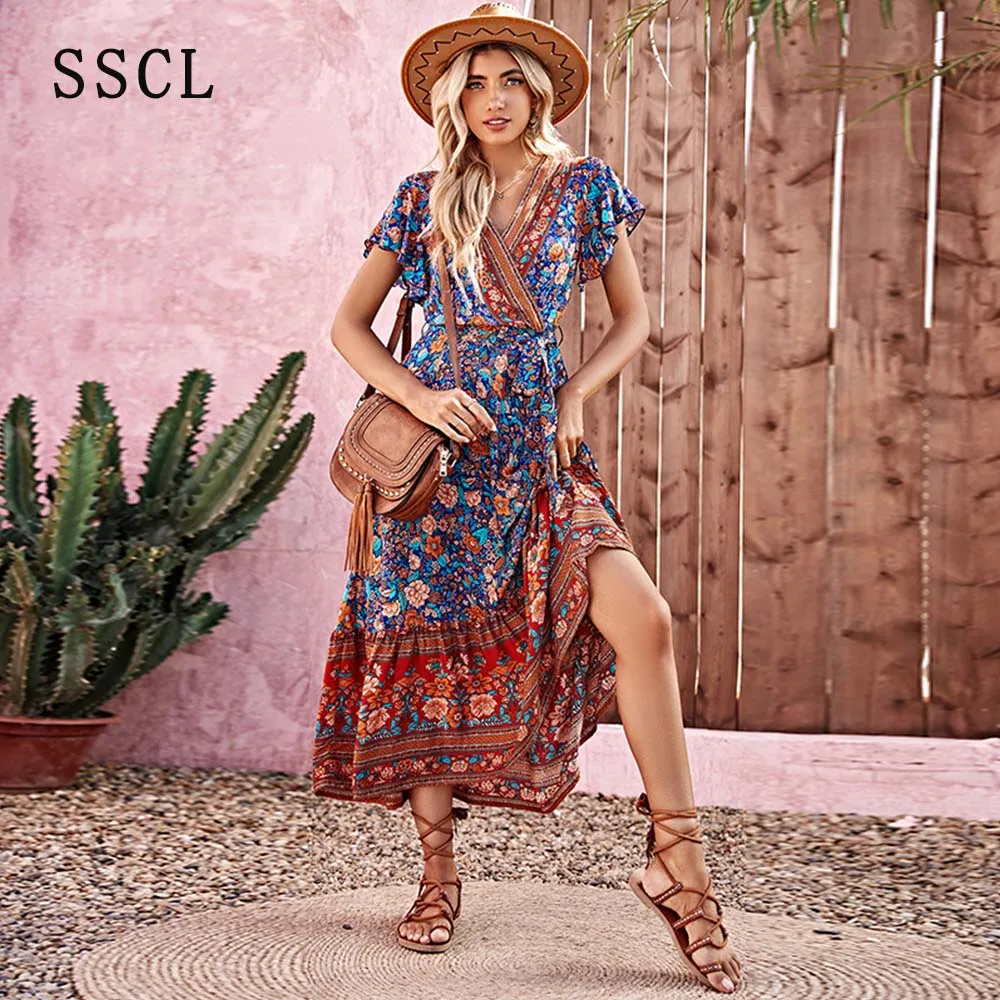 

SSCL Floral Print Summer Beach Dress For Women 2022 Bohemian Ladies V-neck Short Sleeve Female Robe 1 Piece Belt Maxi Dresses