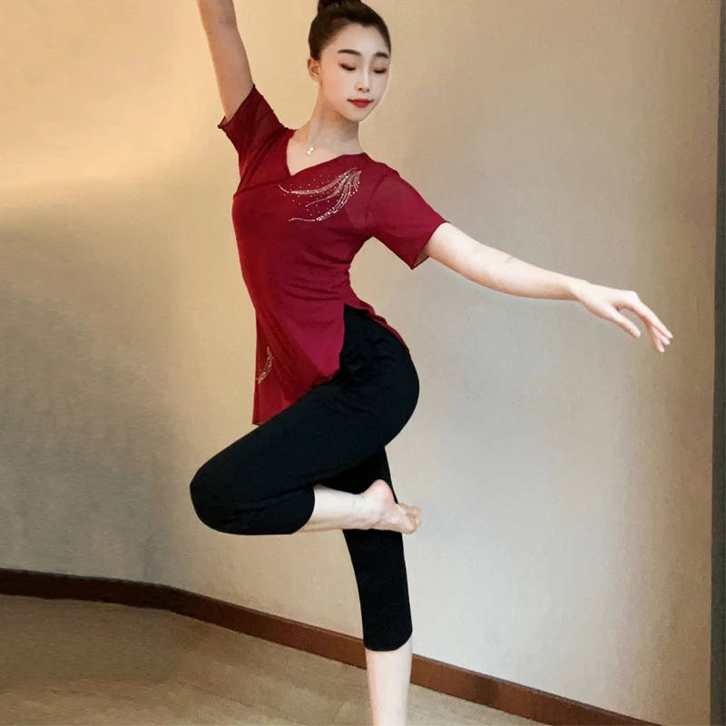 

Classical Dance Practice Dress Short Sleeve Body Rhyme Dress Dance Art Kauji Training Gauze Dress National Performance Dress Top