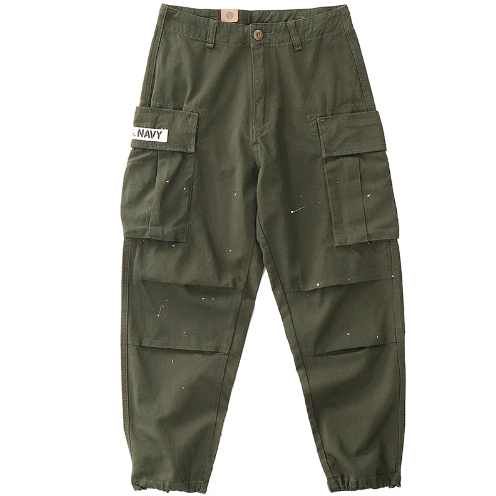 

Work pants men's Japanese retro army green multi-pocket washed old ruffian handsome loose straight splash-ink casual pants.