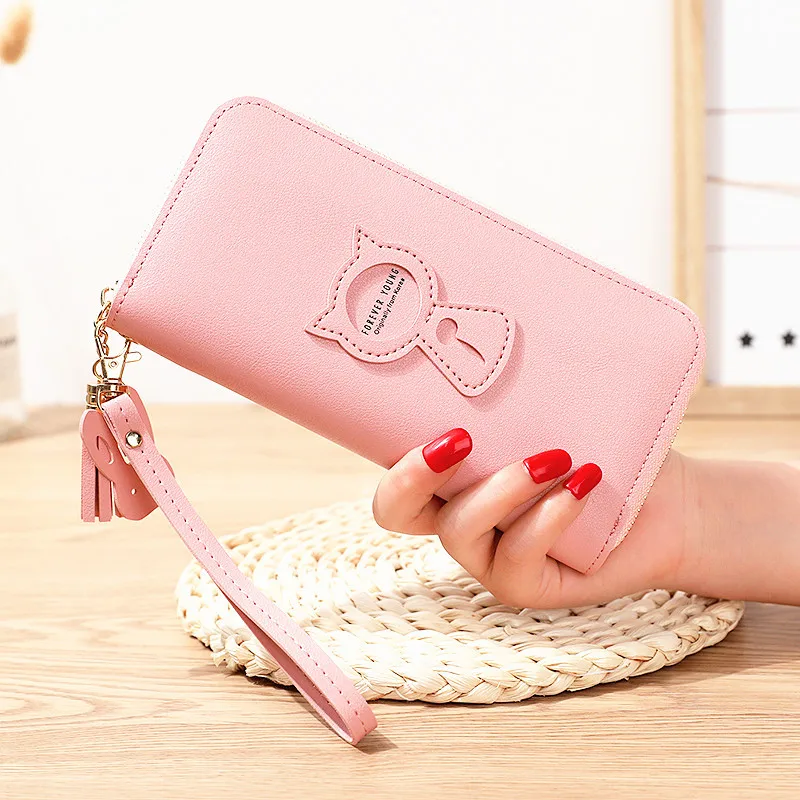 

Women Wallet PU Leather Card Holder Coin Purses Zipper Long Female Wallet Cat Applique Cellphone Bag Lady 2023 Fashion