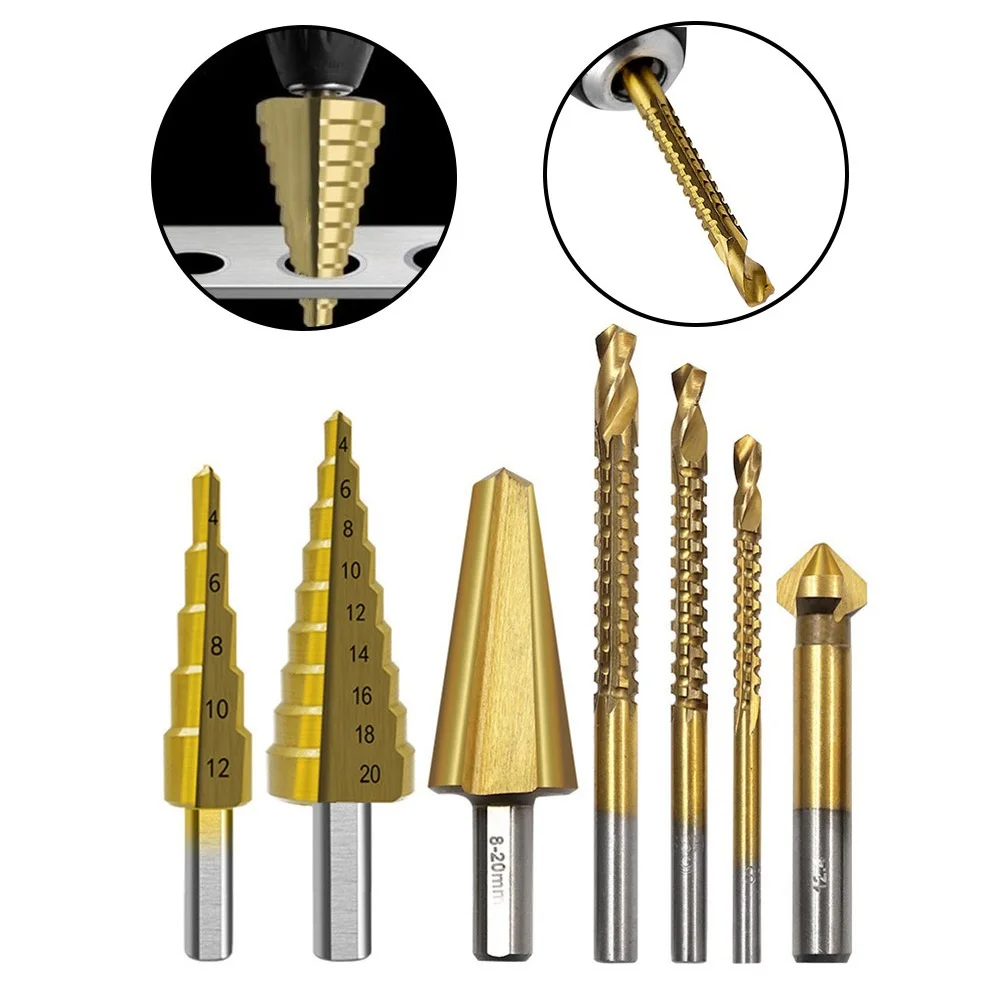 7PCS Titanium Coated Step Drill Bit Wood Hole Cutter Straight Groove Metal Hole Cutter Core Drilling Tools Set 4-12mm 4-20mm