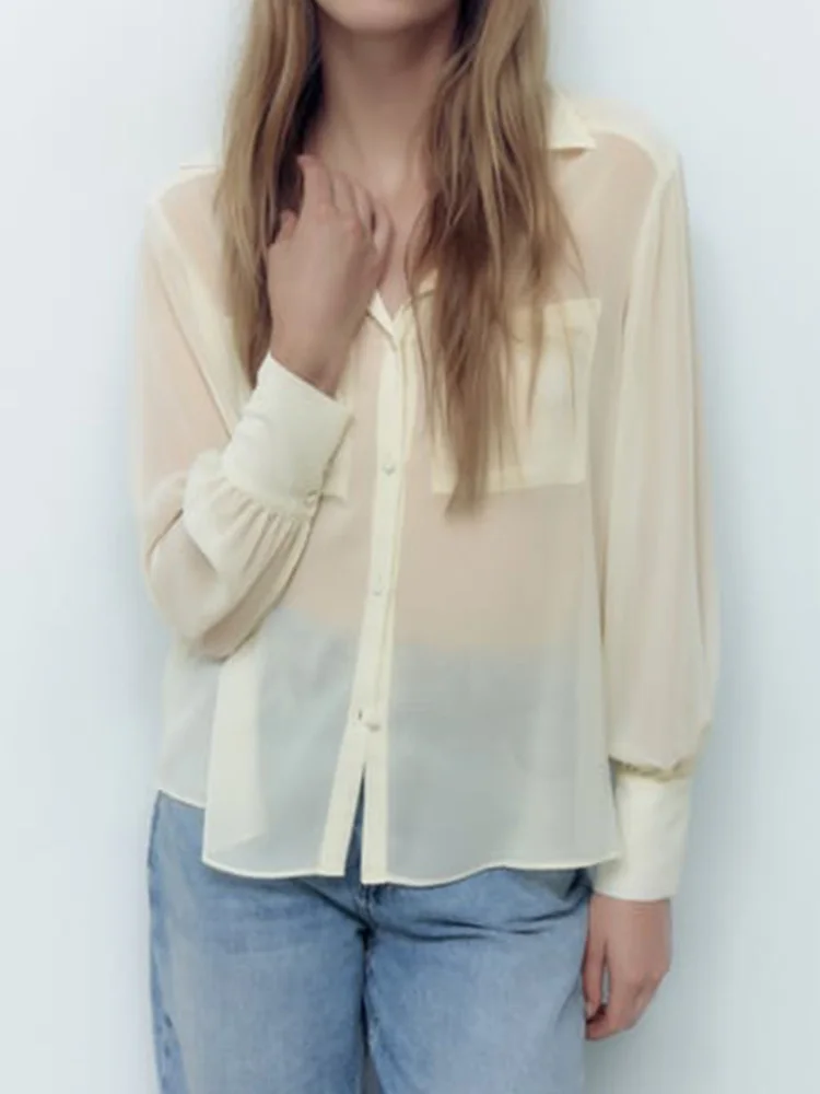 

TRAF Solid Thin Women Loose Blouses 2022 Spring Autumn Casual Long Sleeved Tops With Patch Pockets Single Breasted T-Shirts