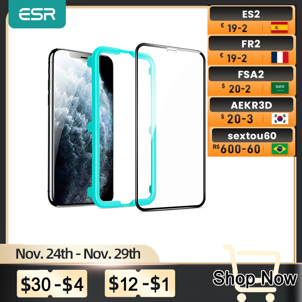 

ESR 2pcs Full Cover Glass for iPhone 11 12 13 Pro Screen Protector Tempered Glass For iPhone XR XS Max 11 X SE 3 Protective Film