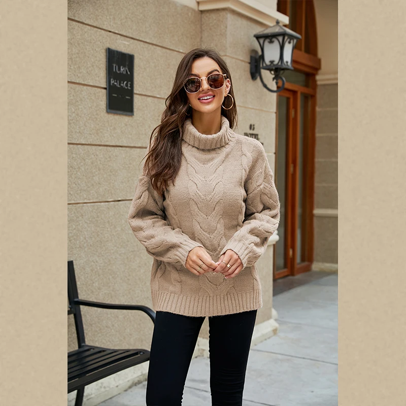 

Fashion Turtleneck Pullover Sweater Women's Solid Color Loose Trumpet Sleeve Fried Dough Twist Button Rope Sweater Thick