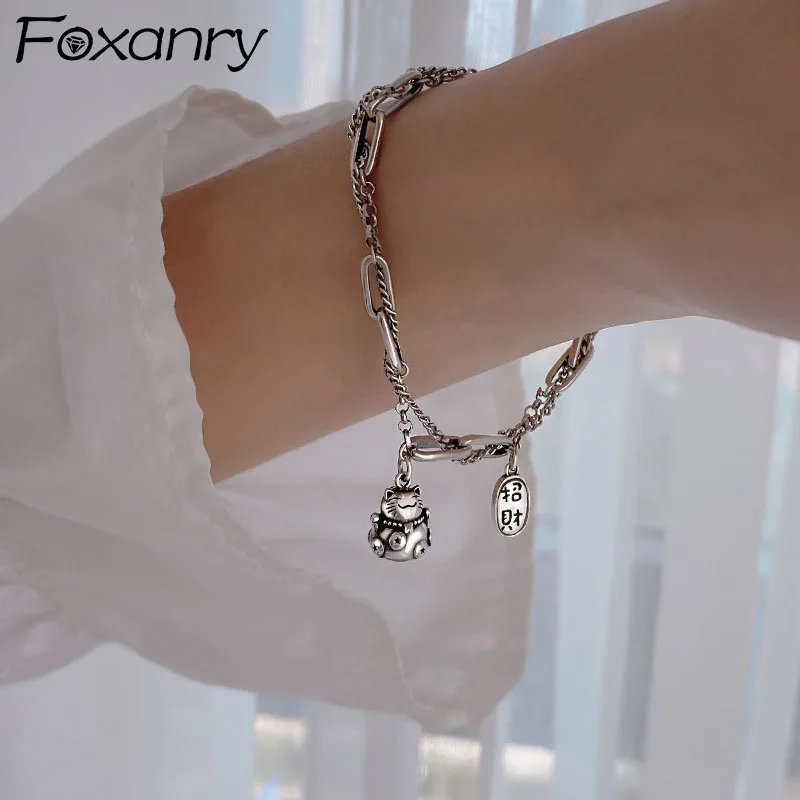 

Evimi 925 Silver Color Thick Chain Bracelets Fashion Hip Hop Vintage Creative Good Luck Cat Pendant Party Jewelry Girl Gift