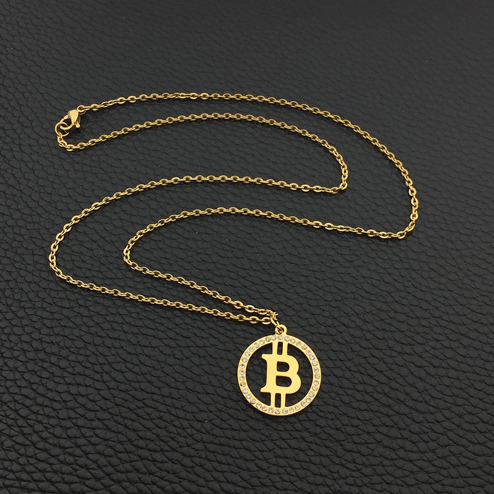Ожерелье Стразы из нержавеющей стали с круглыми подвесками в виде биткоина трех