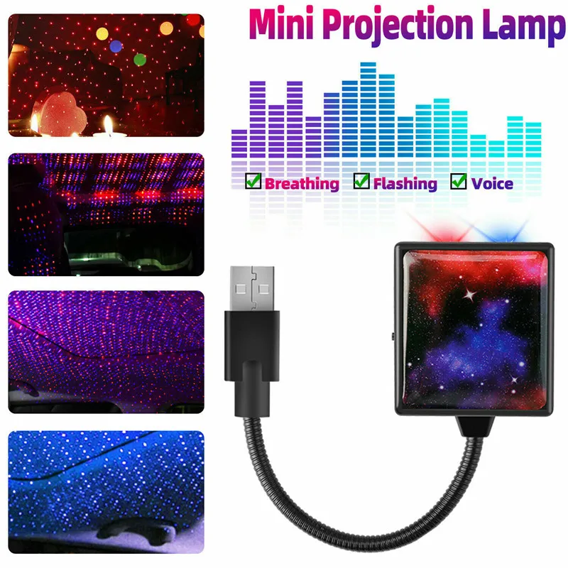 USB Car Led Atmosphere Lamp Auto Roof Star Night Light Projector Decorative Automotive Interior Light Green Red Blue Car Produts