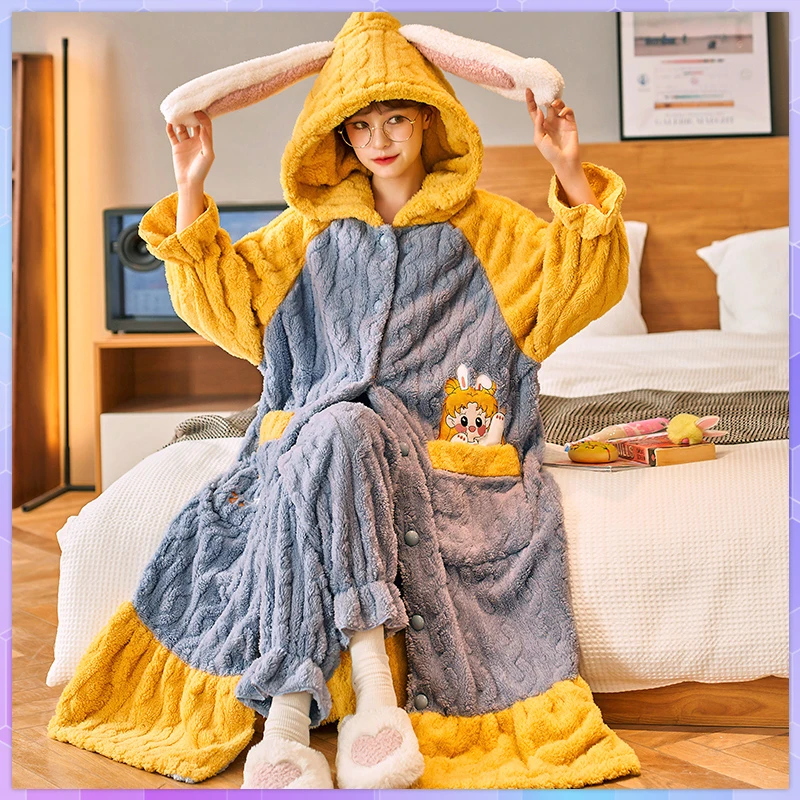 Thicker Women's Pajamas Warm Sweet Hooded Nightgown Winter Flannel Kawaii Home Clothes Female Cute Soft Chic Robes 2XL Pajamas