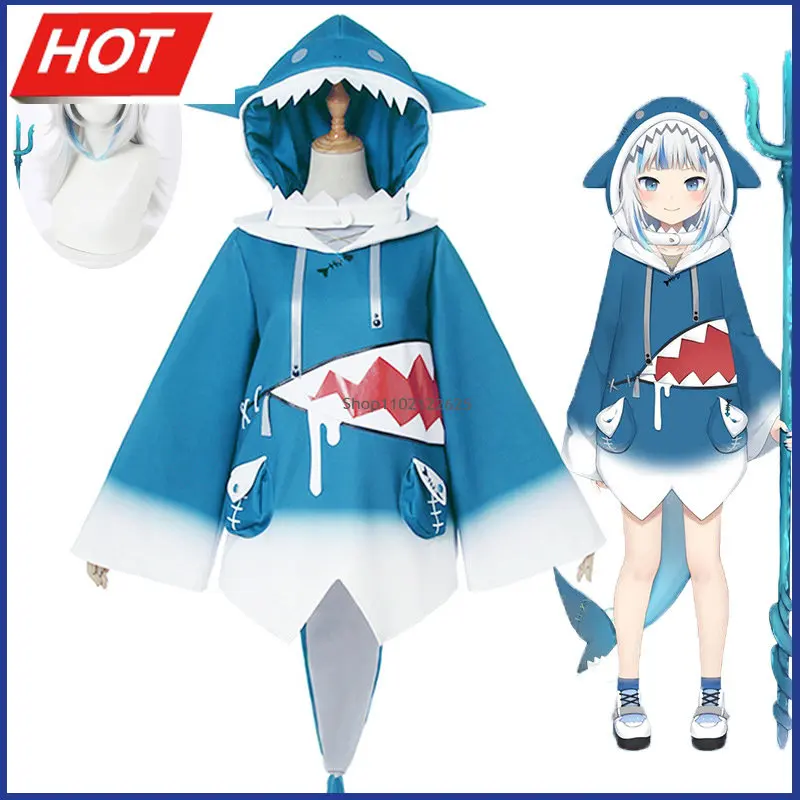 

Женский костюм для косплея Gawr Gura, полный комплект из аниме «головы Эн», плащ акулы и хвост для вечевечерние НКИ на Хэллоуин, косплей