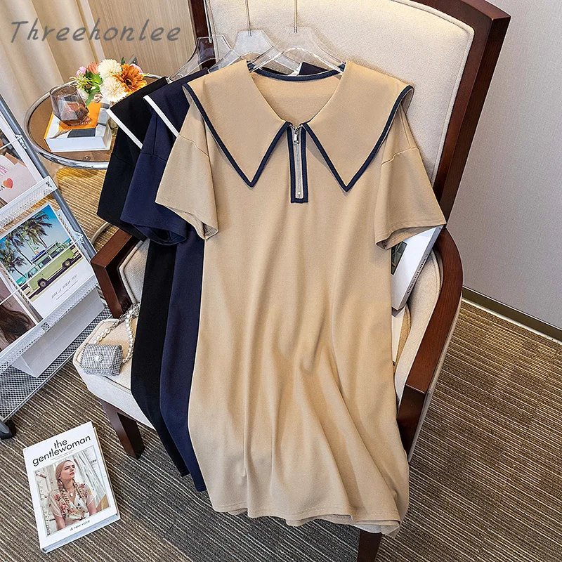 

Plus Size Spring Summer High-quality Fashion Casual Black Dress Doll Collar Temperament Loose Maternity Skirt Women's Clothing