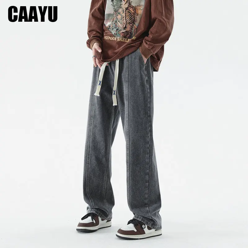 CAAYU 2023 Korean Fashion Jeans Mens Hip Hop Classic Japanese Streetwear Straight-leg Denim Wide-leg Pants Male Light Blue Jeans
