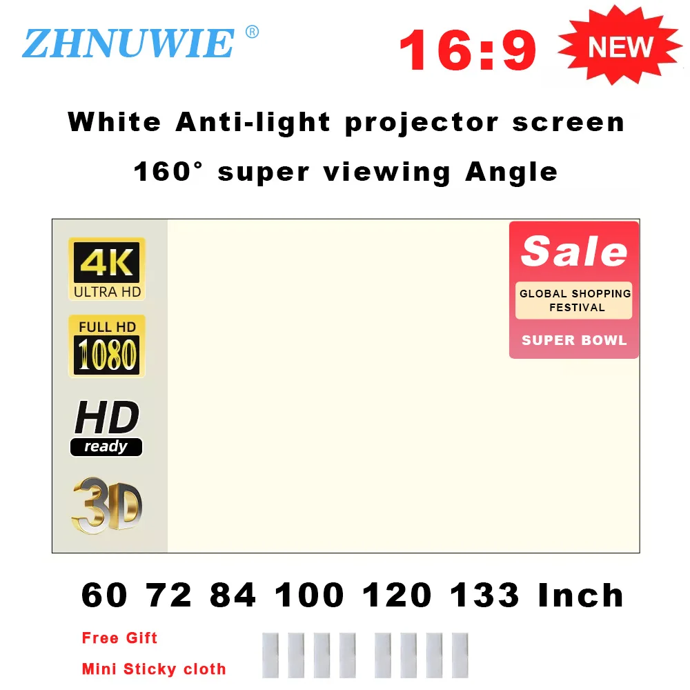 ZHNUWIE Projector Screen White Grid Anti-Light 16:9 Projection Screen For Home 72 84 100 120 133 Inch Portable Reflective Cloth