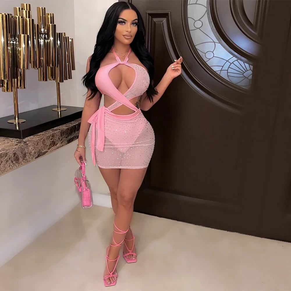 

Cross Halter Neck Women Bodycon Dress Sexy Solid Color Sleeveless Pleated Ruched Mini Sheath Dress Party Backless Wear