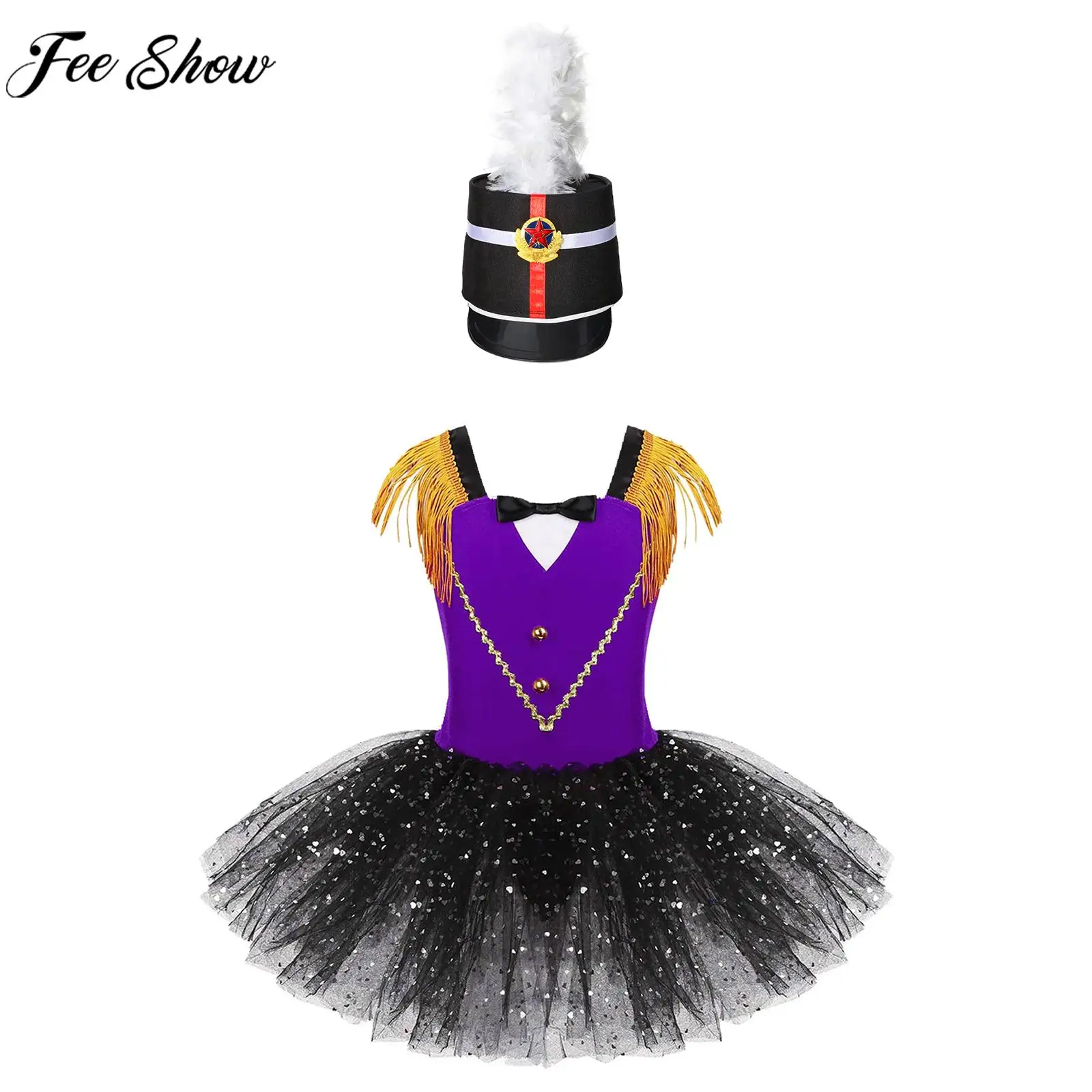 

Children Girls Parade Flag Raiser Honour Guard Outfits Halloween Theme Party Cosplay Costume Leotard Tutu Dress with Feather Hat