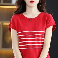 pure cotton striped short sleeved knitted t shirt o neck pullover sleeveless loose top 2022 summer refreshing womens t shirt
