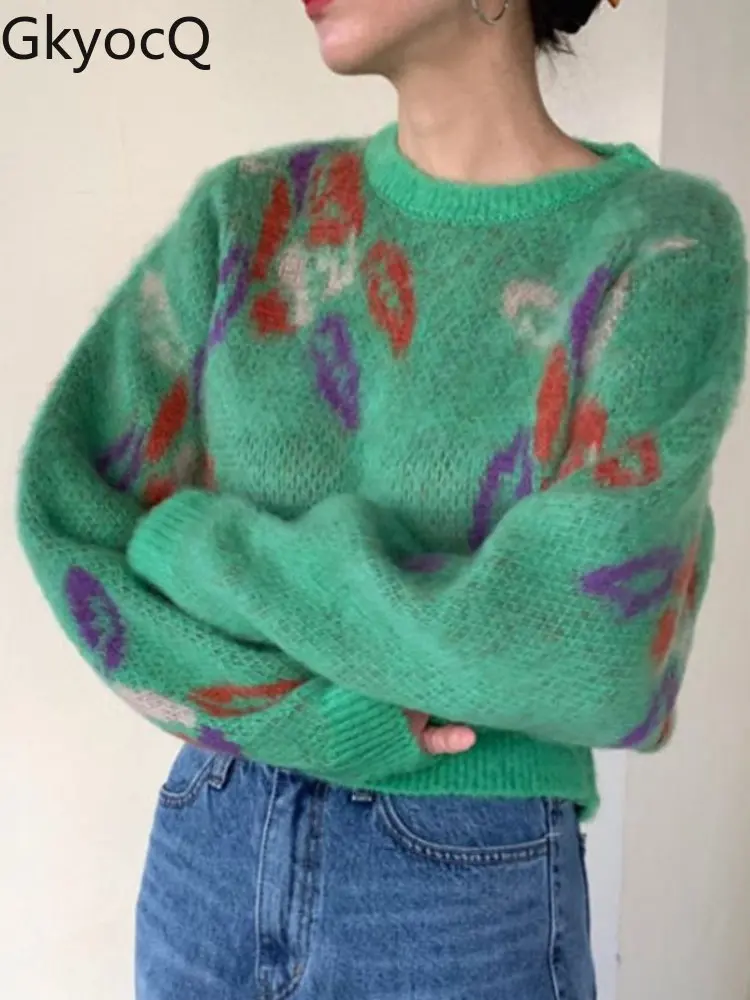 

Женский жаккардовый пуловер с круглым вырезом, длинным рукавом