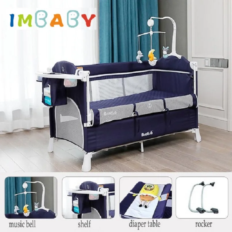 

3 In 1 Cradle Foldable Baby Crib Adaptable To Splicing Large Bed Pendulum Cradle Playpen Diaper Changing Table With Bed Bell Toy