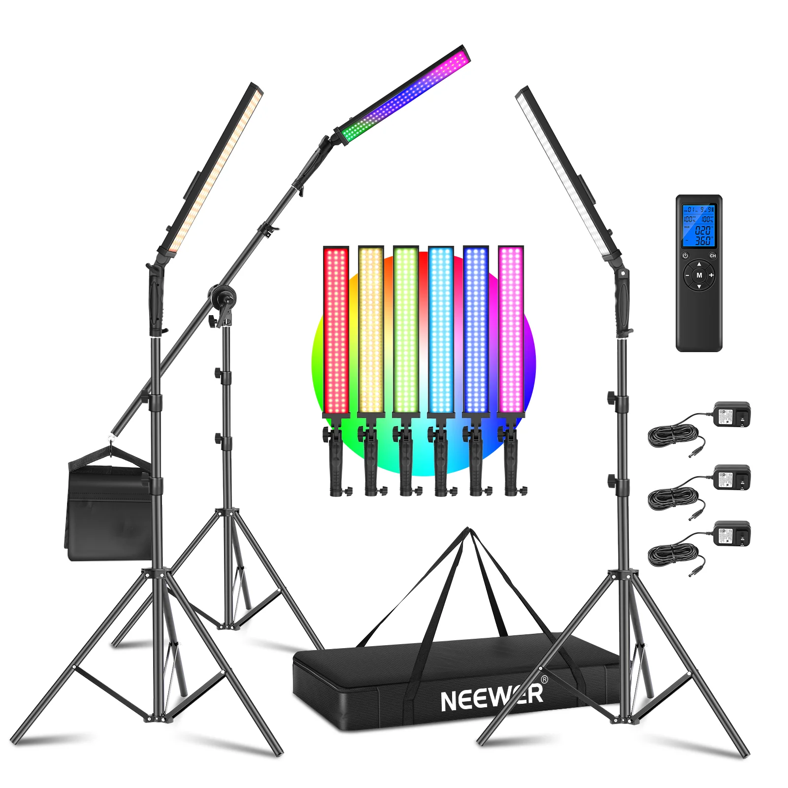 

Neewer 2-Pack RGB LED Light Stick Kit, 21W Dimmable 3200K~5600K Bi-Color Handheld Light with 2.4G Remote/Stand/Bag for YouTube