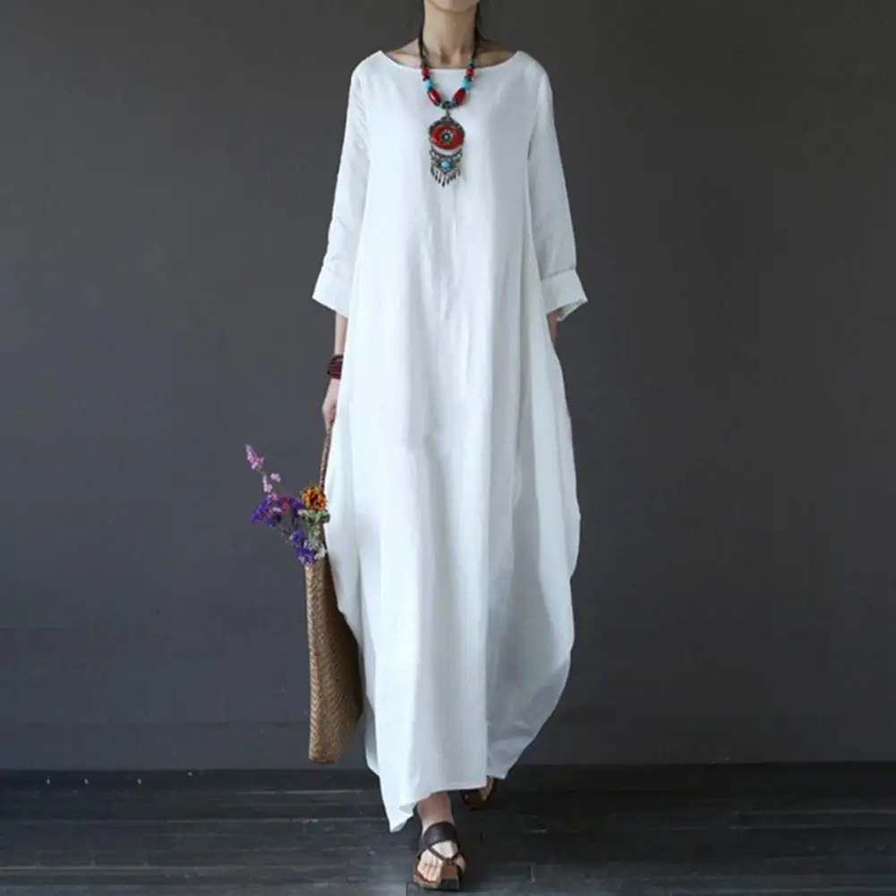 

Solid Color Long Sleeves Women Dress Retro Soft Crew Neck Autumn Dress Breathable Loose Ankle Length Maxi Dress For Daily Wear