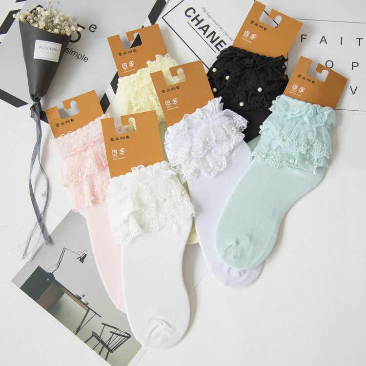 5 pairs Fall Beading Lace Princess Socks Women's Socks Solid Color Thin Low Cut Socks Cotton Socks