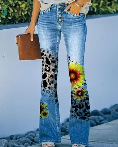 Женские джинсы с принтом подсолнухов, прямые винтажные брюки со средней талией, модель 2023 года, большие размеры, синие, черные уличные брюки, одежда
