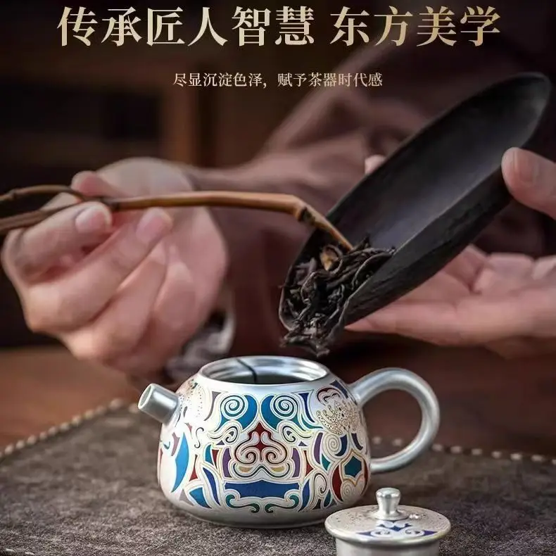 Фото Новый серебряный чайный набор Dunhuang: портативный чайник ручной работы, подарочный набор для чаепития Кунг-фу в подарочной коробке №5